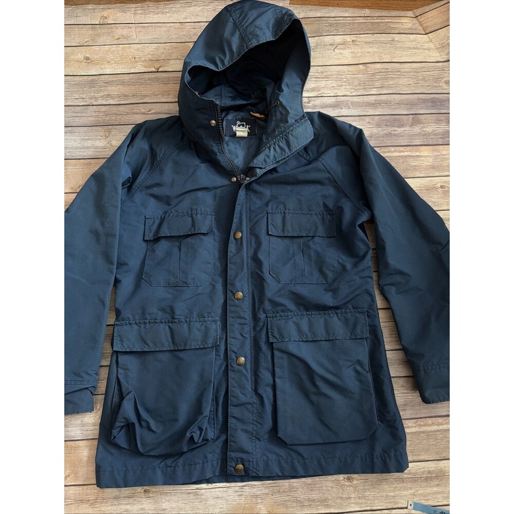 Vintage 80s Woolrich Zip Up Snap Hooded Chore Rain Jacket M Blue USA